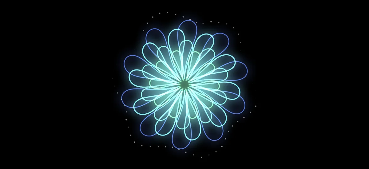 Prism visualizer: layered cyan and blue kaleidoscope petals with a crown of particles