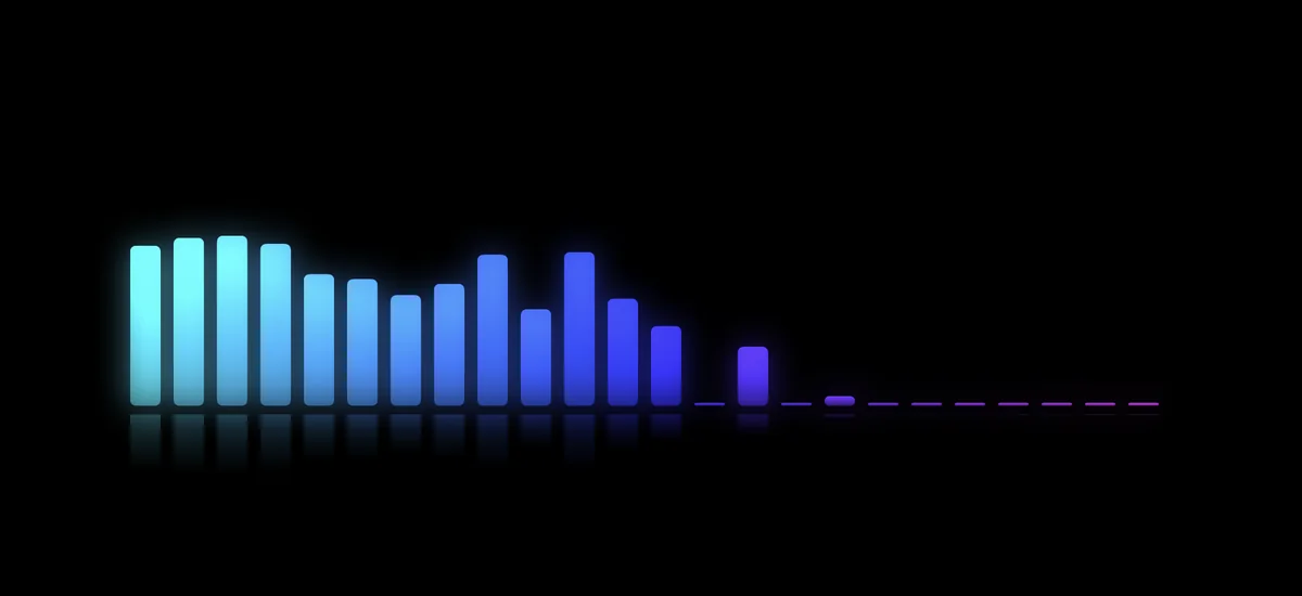 Spectrum visualizer: glowing blue audio bars with soft reflections